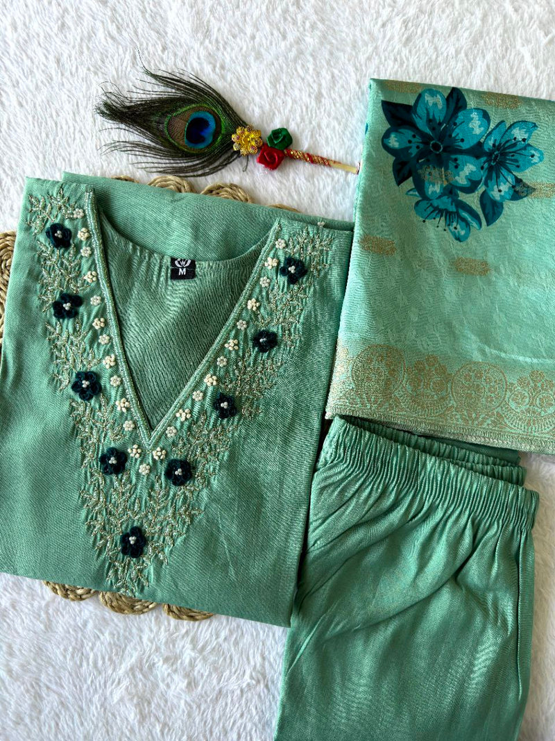 Emerald Charm Roman Silk Suit – C-Green Hand Work Dress with Heavy Lichi Jacquard Dupatta