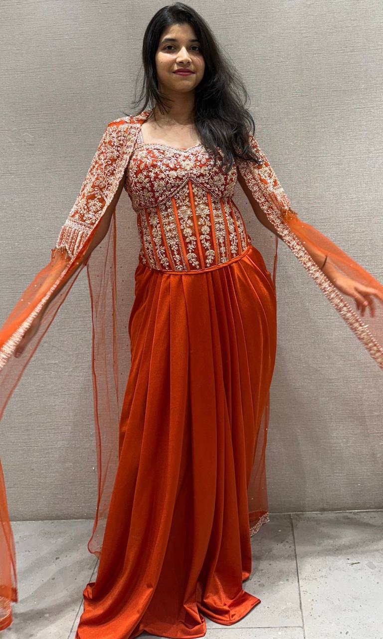 Indo-Western Partywear Set | Premium Net Silk Embroidered Blouse & Rangoli Silk Dhoti