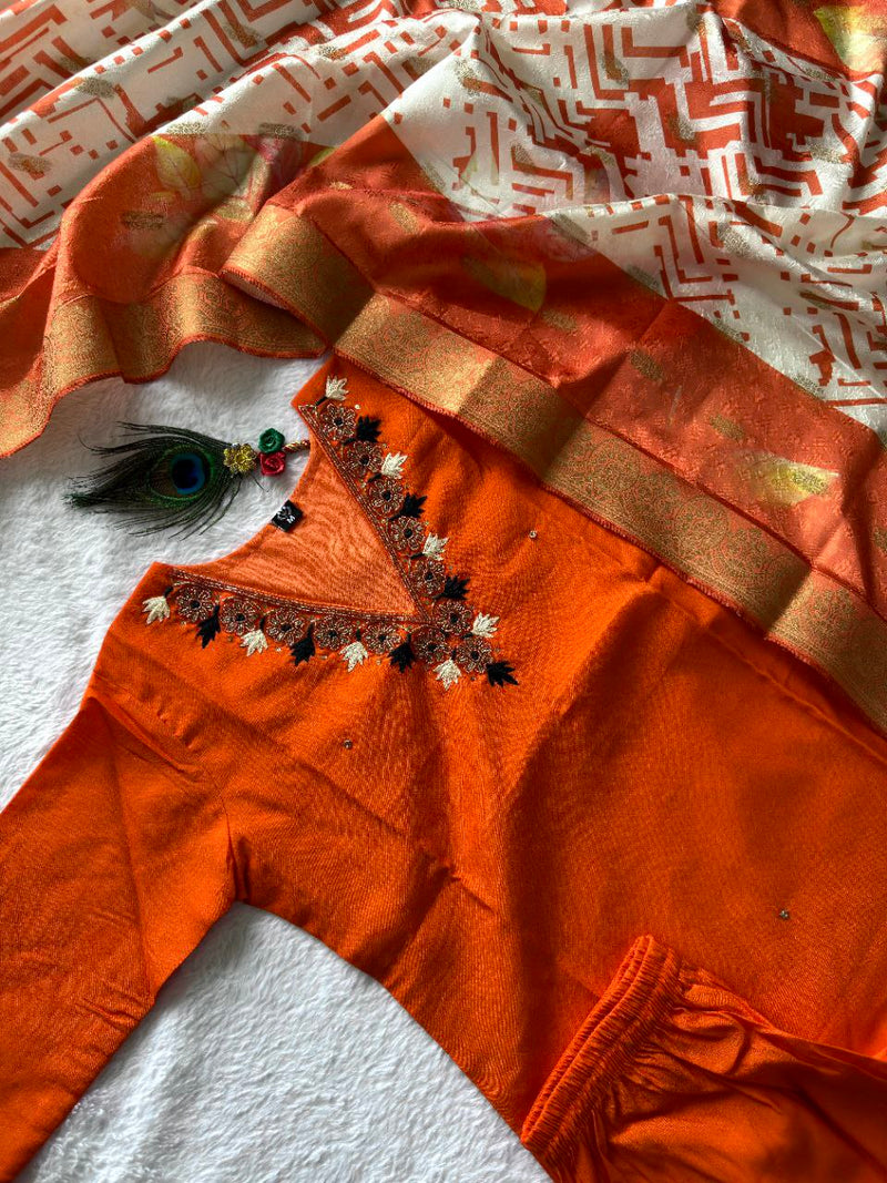 Orange Royale Roman Silk Suit – “SilkGlow Orange Edition” with Heavy Lichi Jacquard Dupatta & Hand Work