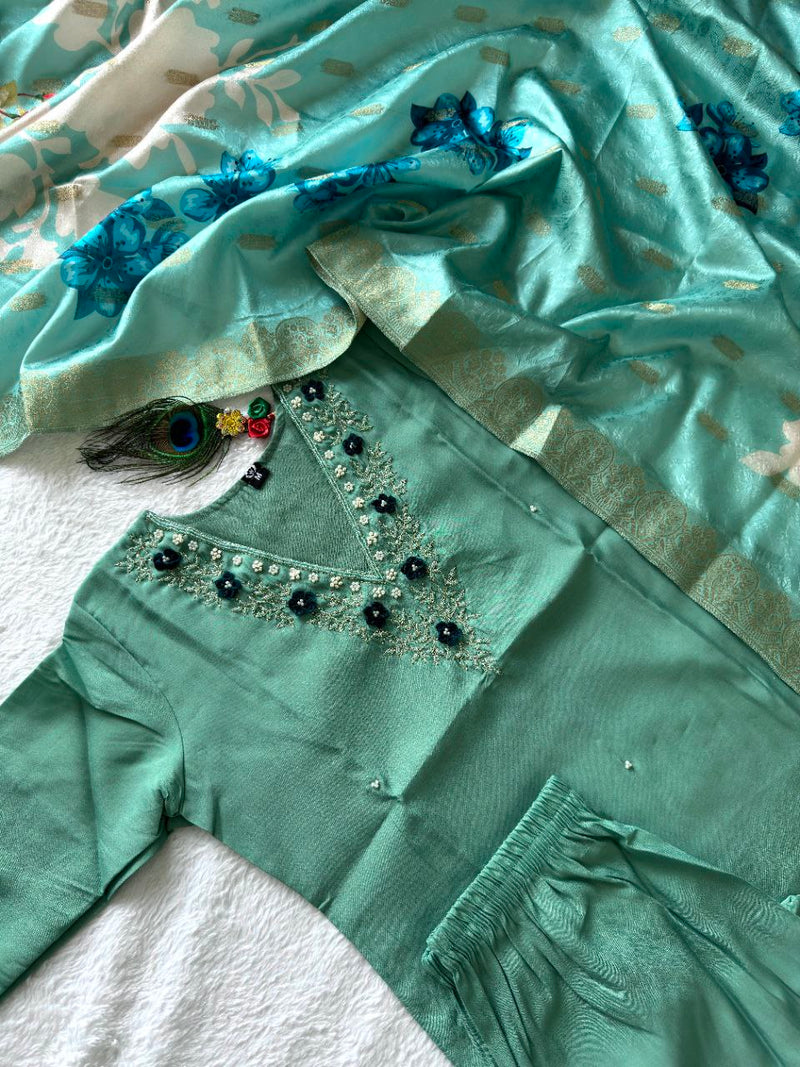 Emerald Charm Roman Silk Suit – C-Green Hand Work Dress with Heavy Lichi Jacquard Dupatta