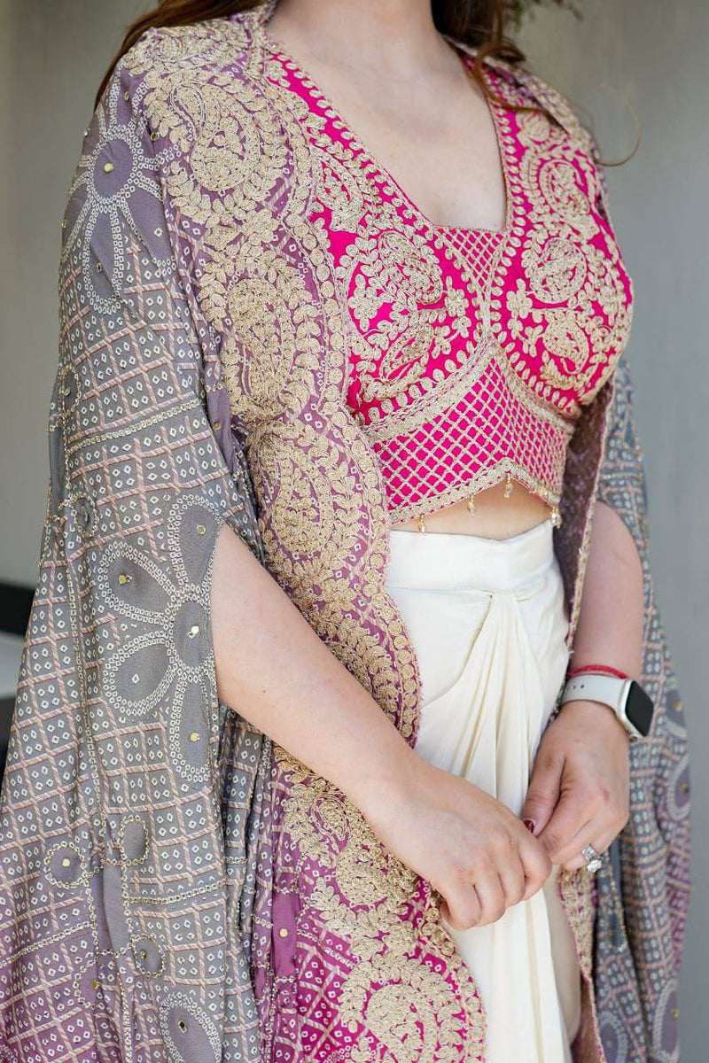 Royal Bandhani Indo-Western 3-Piece Set – Banglory Silk Top & Soft Chinon Silk Dhoti