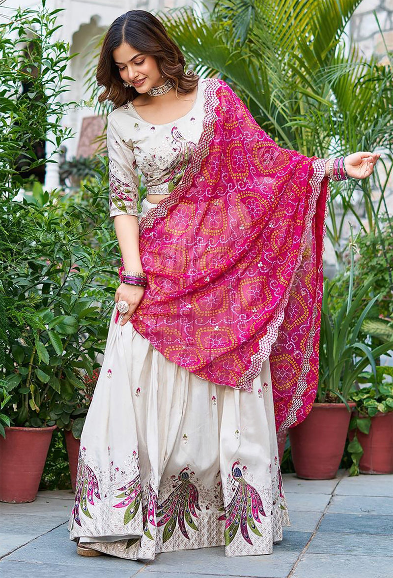 White Chinon Peacock Style Lehenga Choli with Zari Embroidery