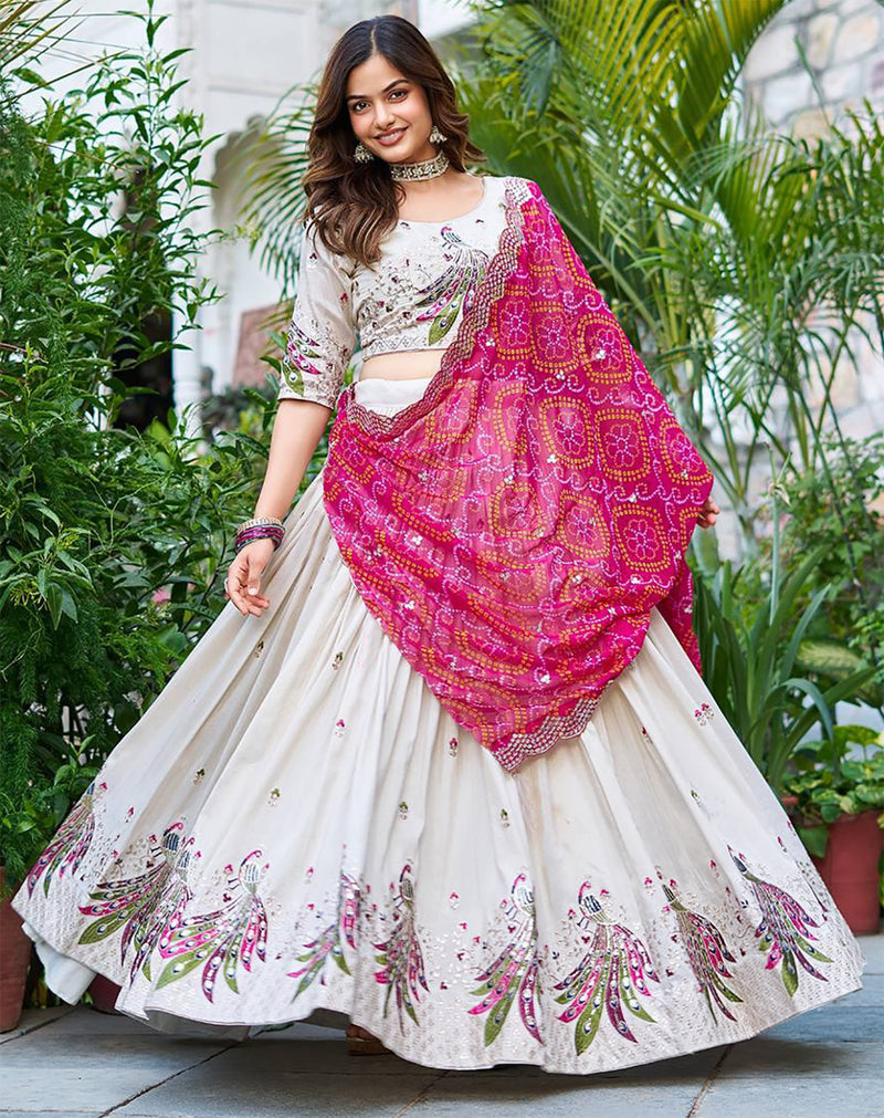 White Chinon Peacock Style Lehenga Choli with Zari Embroidery