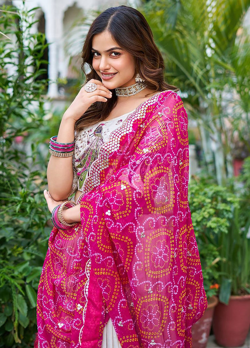 White Chinon Peacock Style Lehenga Choli with Zari Embroidery