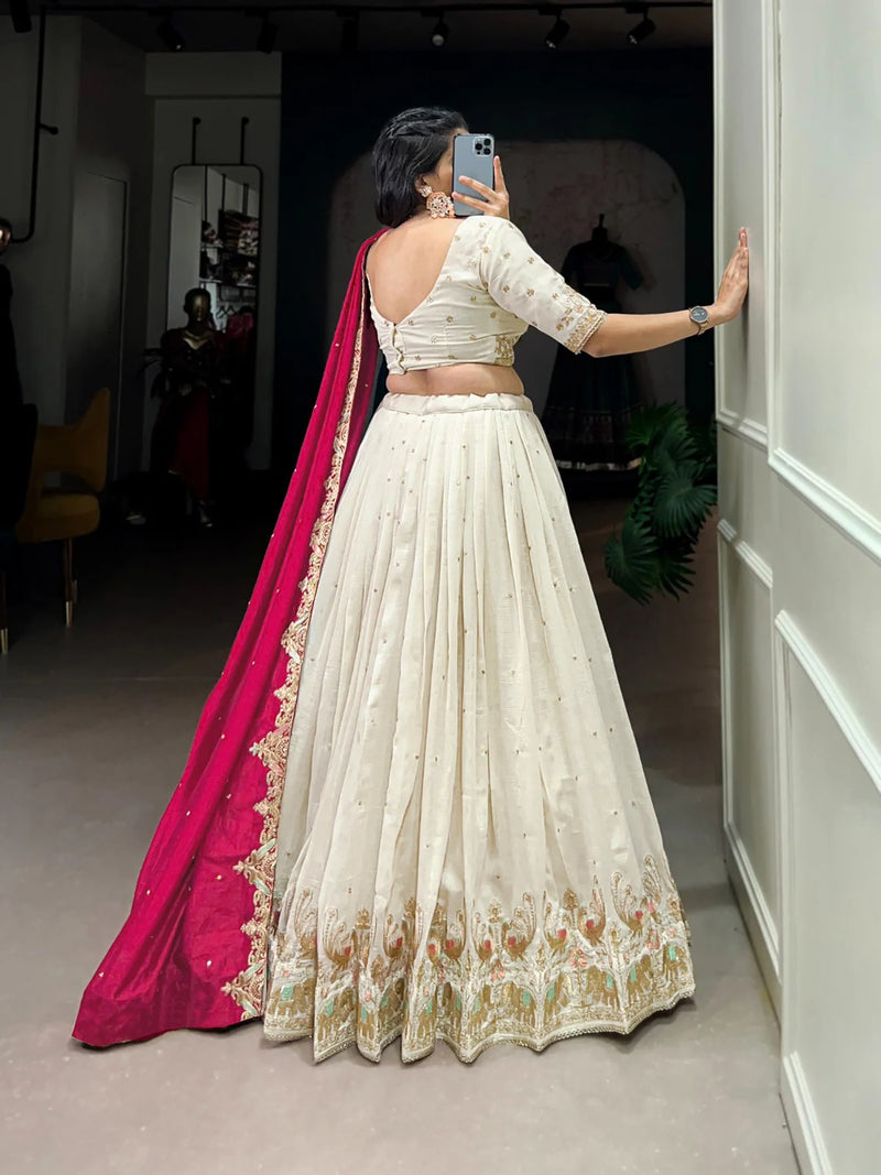 arati Style White Chinon Lehenga Choli with Zari Embroidery