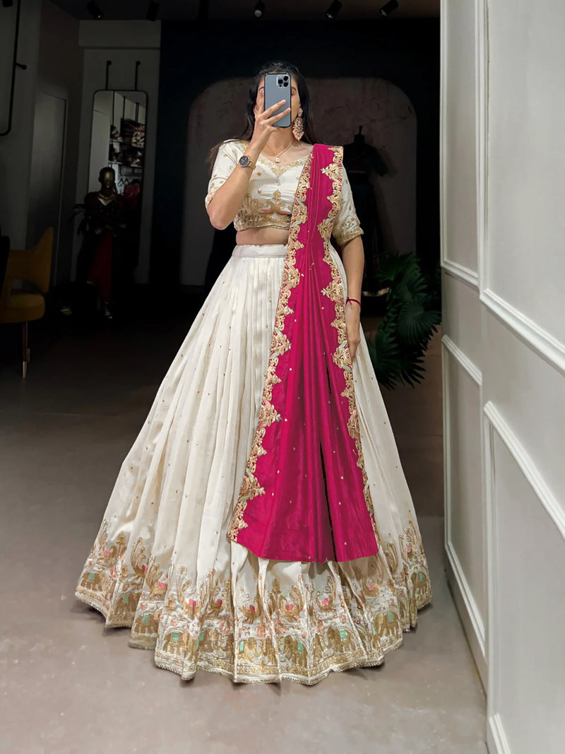 arati Style White Chinon Lehenga Choli with Zari Embroidery