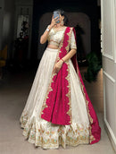 arati Style White Chinon Lehenga Choli with Zari Embroidery
