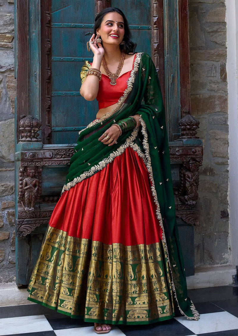 Samantha Red Jacquard Lehenga Choli with Zari Embroidery