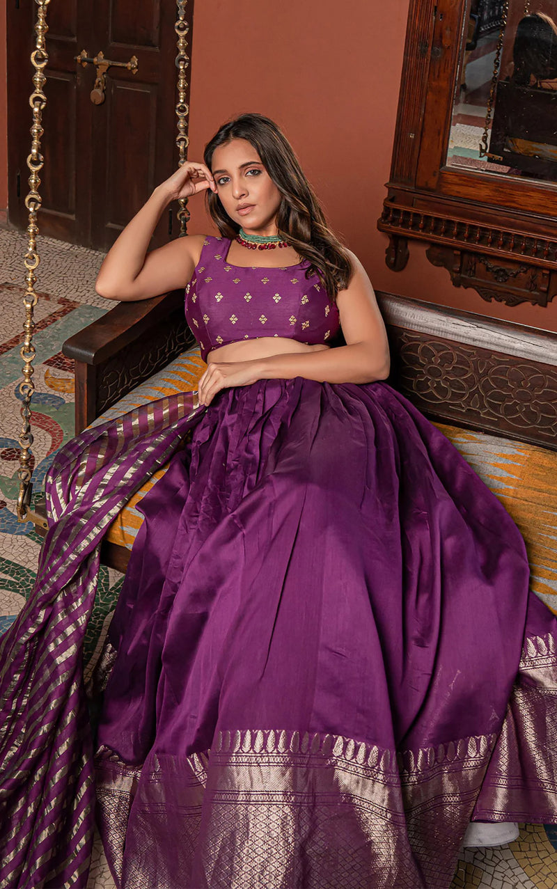Purple Jacquard Semi-Stitched Lehenga Choli with Embroidered Dupatta