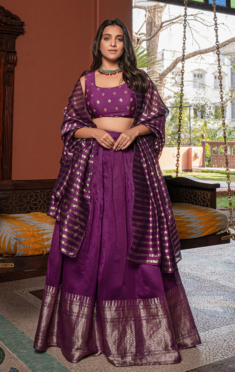 Purple Jacquard Semi-Stitched Lehenga Choli with Embroidered Dupatta