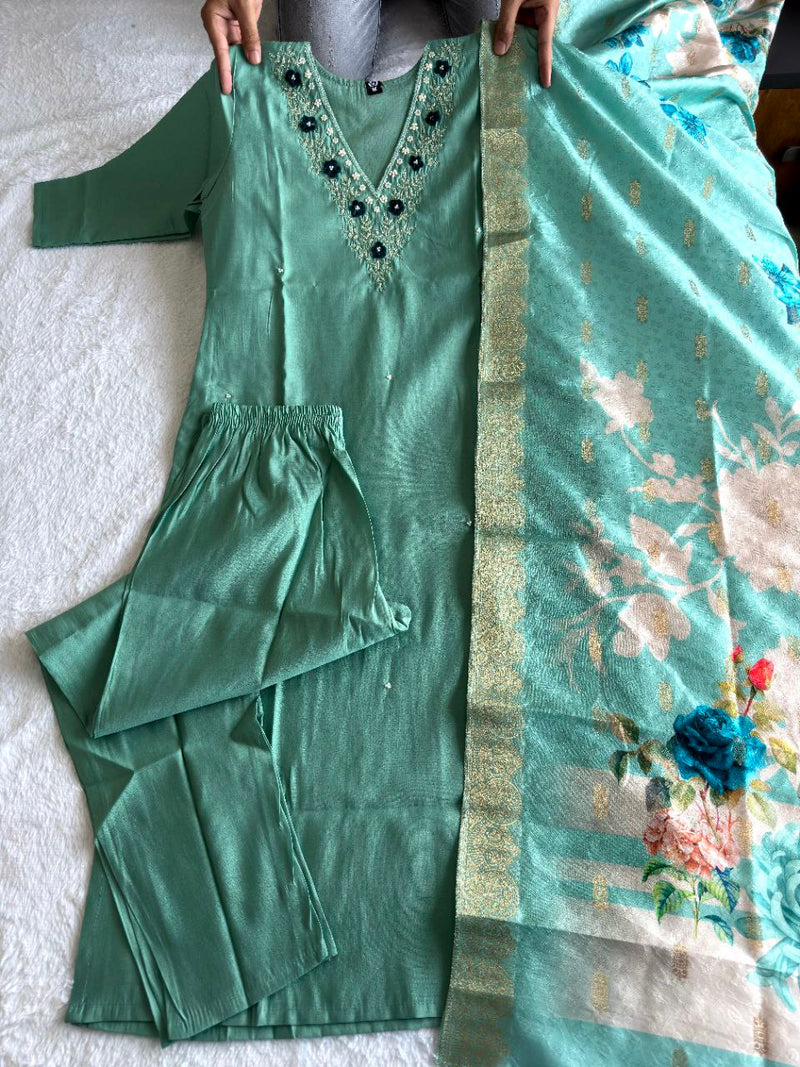 Emerald Charm Roman Silk Suit – C-Green Hand Work Dress with Heavy Lichi Jacquard Dupatta