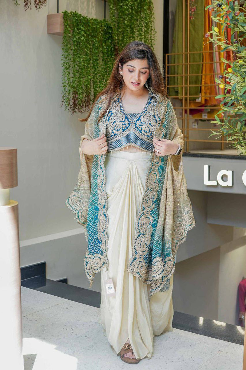 Royal Bandhani Indo-Western 3-Piece Set – Banglory Silk Top & Soft Chinon Silk Dhoti