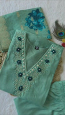 Emerald Charm Roman Silk Suit – C-Green Hand Work Dress with Heavy Lichi Jacquard Dupatta